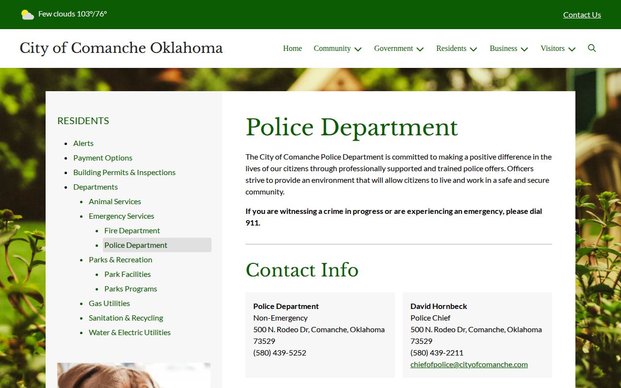 Comanche Police Department official page for Stephens County arrest-record contacts