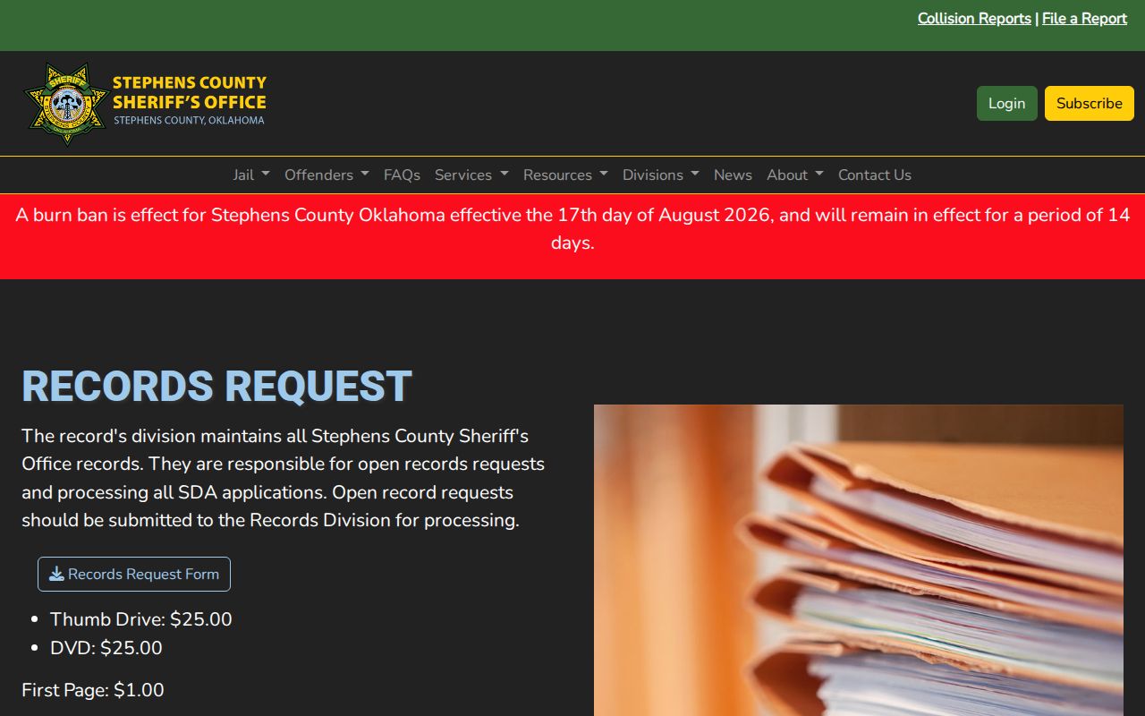 Stephens County booking record request form on the official sheriff records page