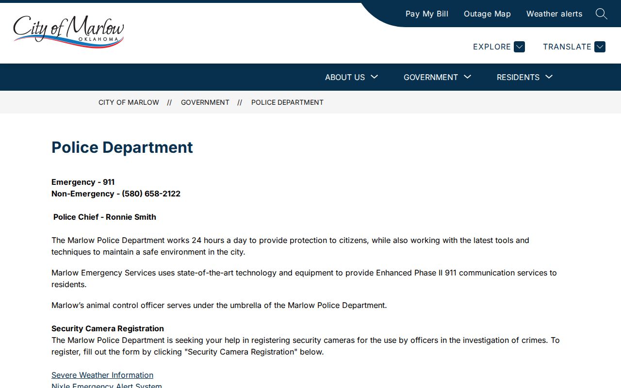 Marlow Police Department official page for Stephens County arrest-record contacts