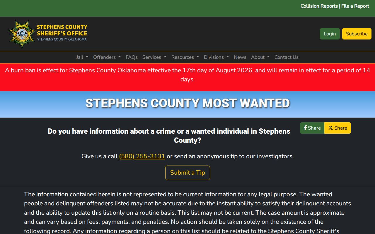 Stephens County Sheriff official most wanted record interface